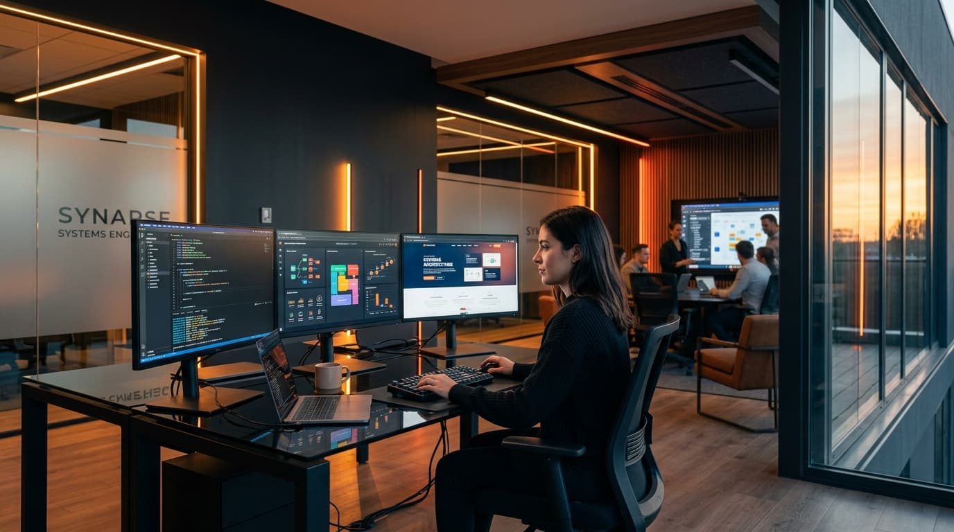 Modern systems engineering agency studio with active workflow dashboards and sunset amber lighting
